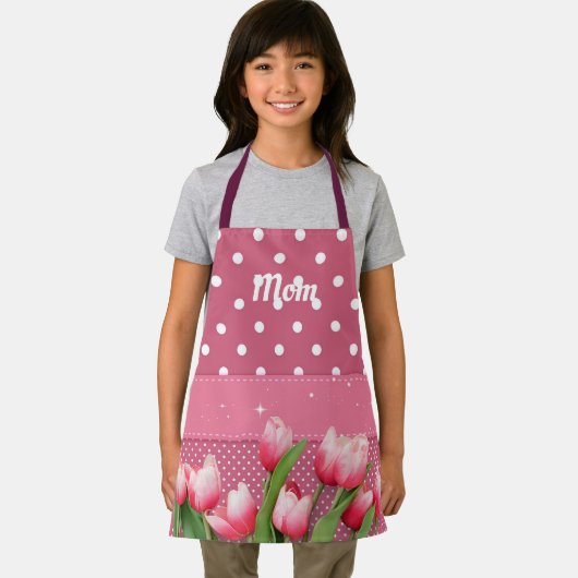 Sjabloon Roze Tulpen op roze en witte pooldots Schort (Insitu)