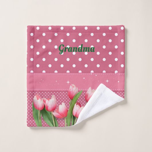 Sjabloon Roze Tulpen op roze en witte pooldots Washandje (Wasdoekje)