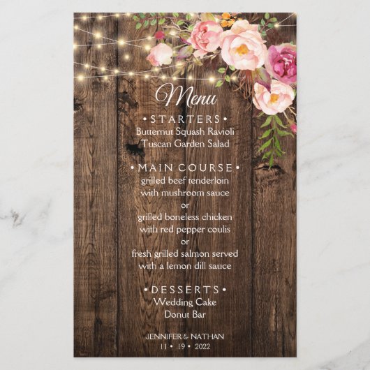 Sjabloon Rustic Boho Floral Country Wedding menu (Voorkant)