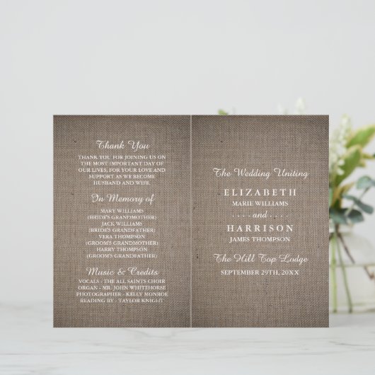 Sjabloon Rustic Burlap Wedding Bi-voudig Programma (Staand voorkant)
