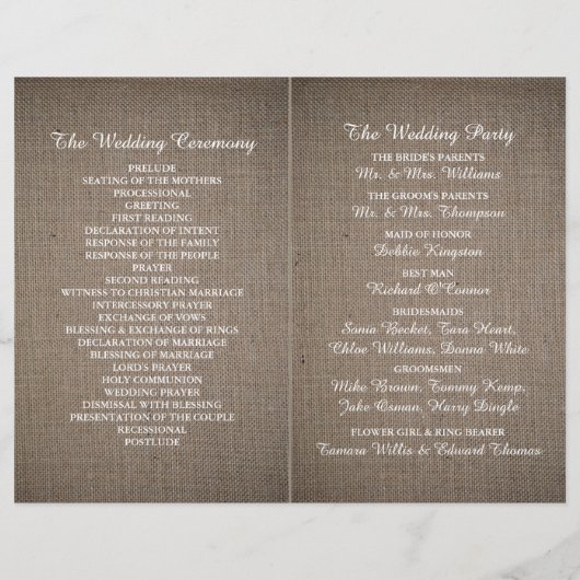 Sjabloon Rustic Burlap Wedding Bi-voudig Programma (Achterkant)