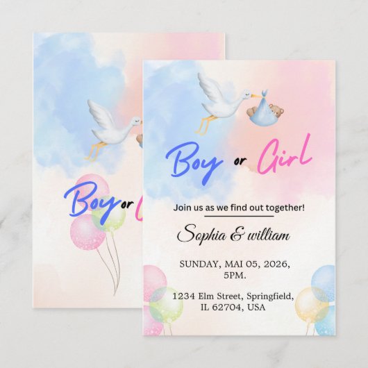 Sjabloon uitnodiging geslacht bekendmaking feest (Voorkant / Achterkant)