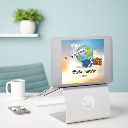 Sjabloon van de wereldreiziger, voeg tekst toe, sticker (Laptop op bureau)