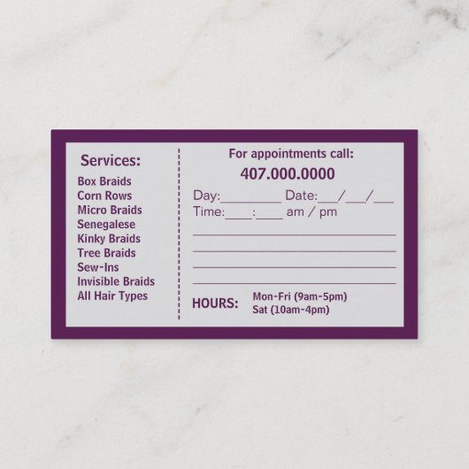 Sjabloon van het Amerikaanse Braider Braids Loctic Afsprakenkaartje (Achterkant)