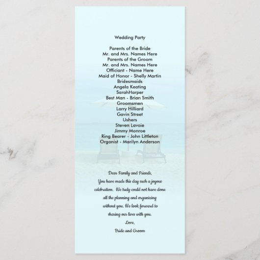 Sjabloon van het Beach Chairs Tall Wedding Program (Achterkant)
