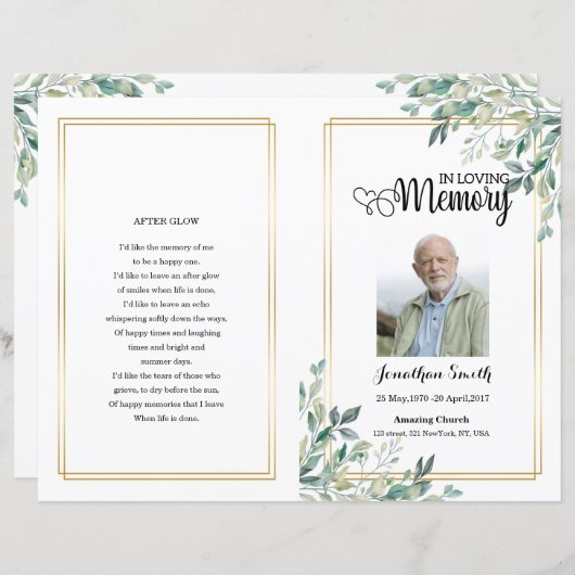 Sjabloon van het Green leaf Funeral Program (Voorkant / Achterkant)