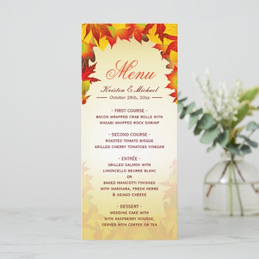 Sjabloon van het herfst Gold Red Fall Leaves Weddi Menu (Staand voorkant)