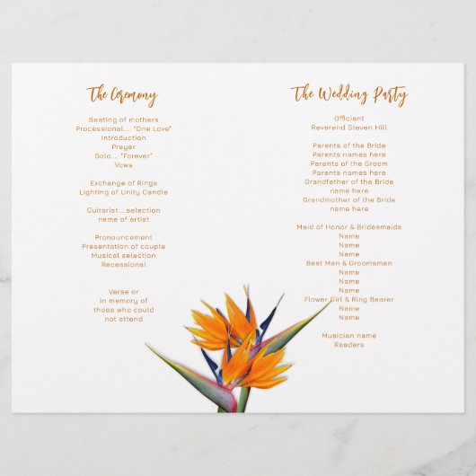 Sjabloon van het huwelijksprogramma van Bird of Pa (Achterkant)