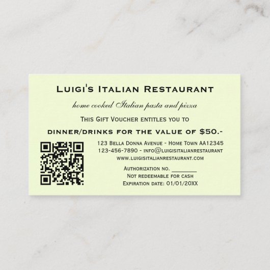 Sjabloon van het Italiaanse Restaurant Cadeaubon Kortingskaartje (Achterkant)