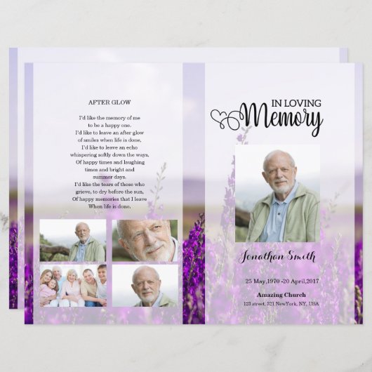 Sjabloon van het lavender Funeral Program (Voorkant / Achterkant)