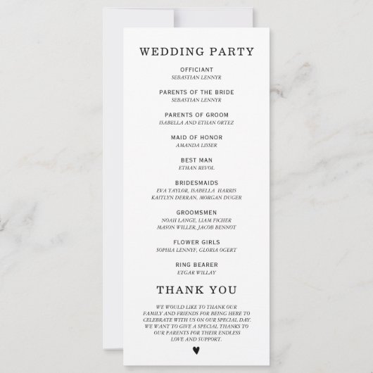 Sjabloon van het moderne Weddenprogramma Kaart (Achterkant)