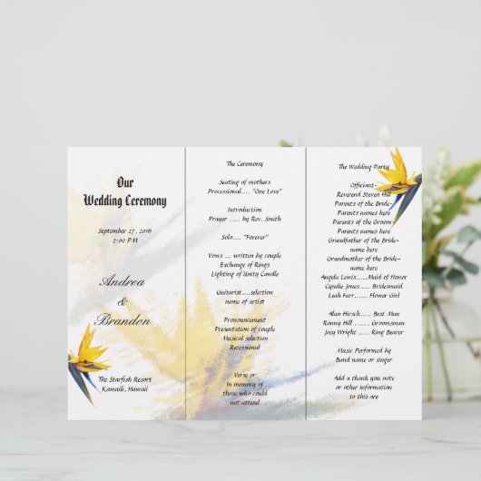 Sjabloon van het Paradijs Tri-Fold Wedding Program (Staand voorkant)