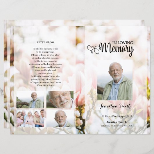 Sjabloon van het roze florale begrafenisprogramma (Voorkant / Achterkant)