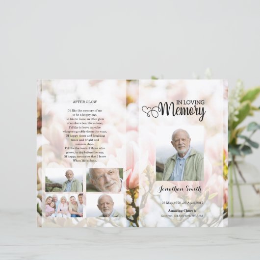 Sjabloon van het roze florale begrafenisprogramma (Staand voorkant)