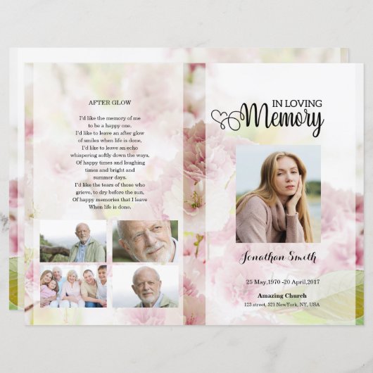 Sjabloon van het roze florale begrafenisprogramma (Voorkant / Achterkant)