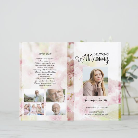 Sjabloon van het roze florale begrafenisprogramma (Staand voorkant)