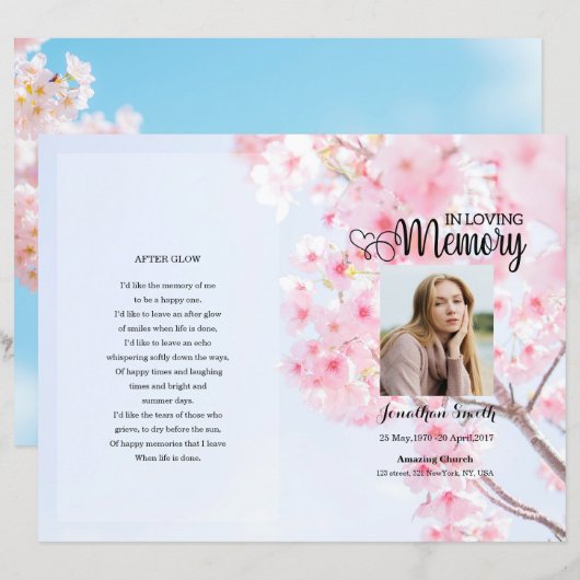 Sjabloon van het roze florale begrafenisprogramma (Voorkant / Achterkant)