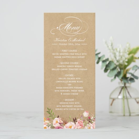 Sjabloon van het  Rustic Floral Kraft Wedding Menu (Staand voorkant)