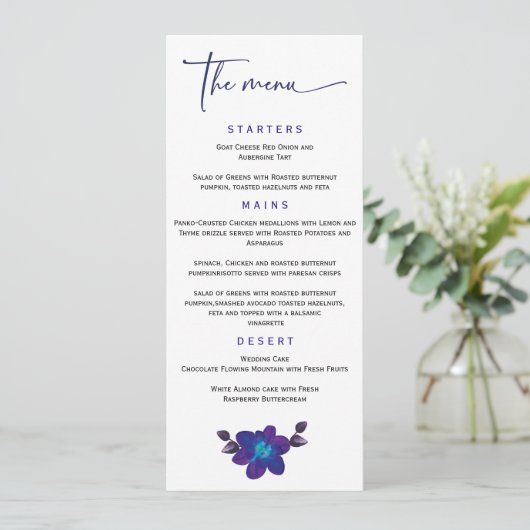 Sjabloon van het speciale blauwe orchidee-weddensc menu (Staand voorkant)