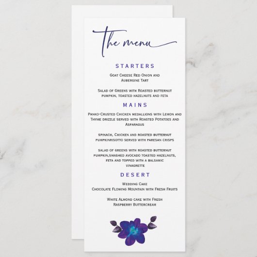 Sjabloon van het speciale blauwe orchidee-weddensc menu (Voorkant / Achterkant)