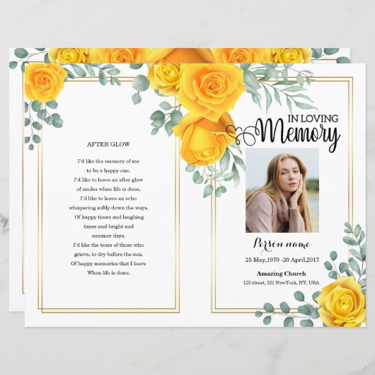 Sjabloon van het Yellow floral Funeral Program (Voorkant / Achterkant)