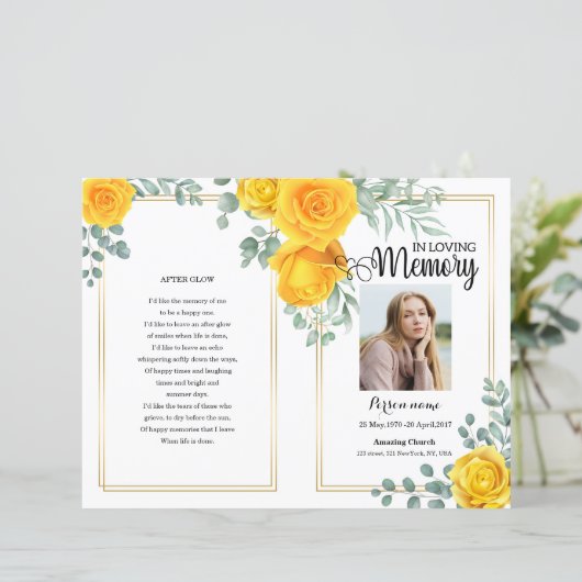 Sjabloon van het Yellow floral Funeral Program (Staand voorkant)