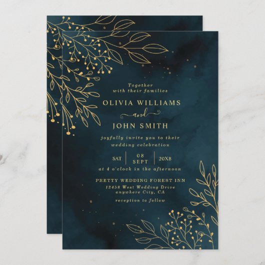Sjabloon van Navy Gold Wedding Stationery Kaart (Voorkant / Achterkant)