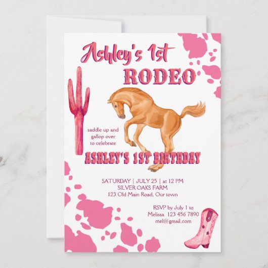 Sjabloon van roze eerste rodeo cowgirl op verjaard kaart (Voorkant)