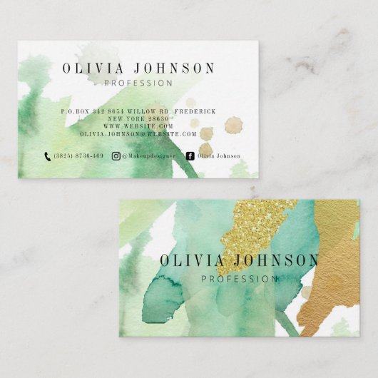 Sjabloon Visitekaartjes Green Gold Waterverf Art (Voorkant / Achterkant)