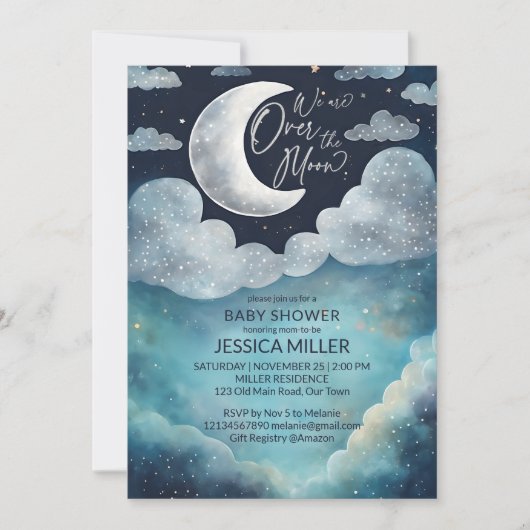 Sjabloon voor babyfeestje 'over de maan' sterrenst kaart (Voorkant)