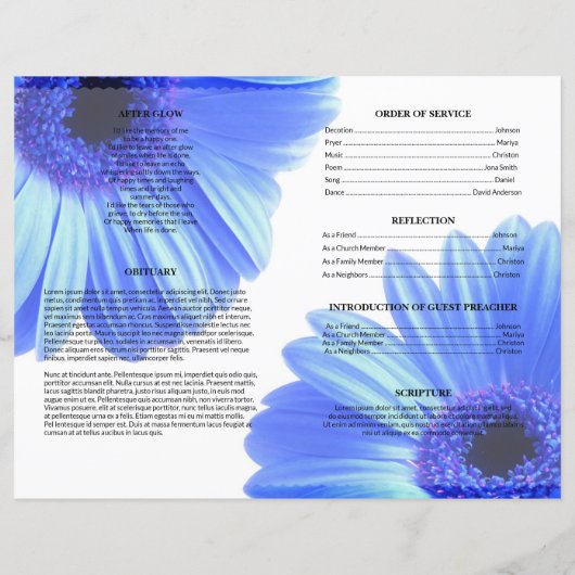 Sjabloon voor blauwe bloemen rouwkaart (Achterkant)