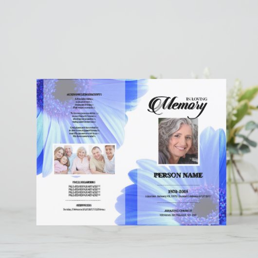 Sjabloon voor blauwe bloemen rouwkaart (Staand voorkant)
