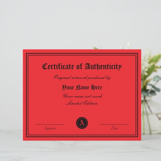 Sjabloon voor certificaat van echtheid voor kunstw (Staand voorkant)