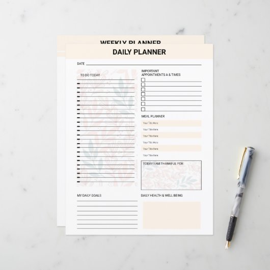 Sjabloon voor dagelijkse planner (Voorkant / Achterkant in situ)