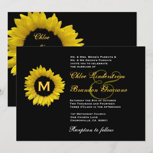 Sjabloon voor donkergeel en zwart zonnebloem kaart (Voorkant / Achterkant)