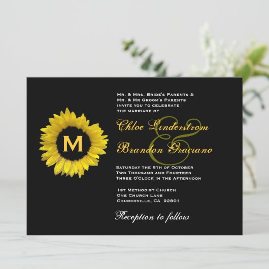 Sjabloon voor donkergeel en zwart zonnebloem kaart (Staand voorkant)