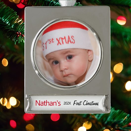 Sjabloon voor eerste kerstfoto baby: jaar verzilverd banner ornament