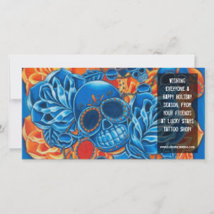 Sjabloon voor foto met blauwe en oranje schedels