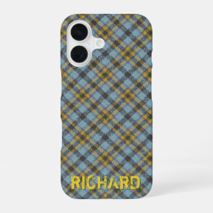 Sjabloon voor Plaid Blauw en Goud Naam iPhone 16 Hoesje