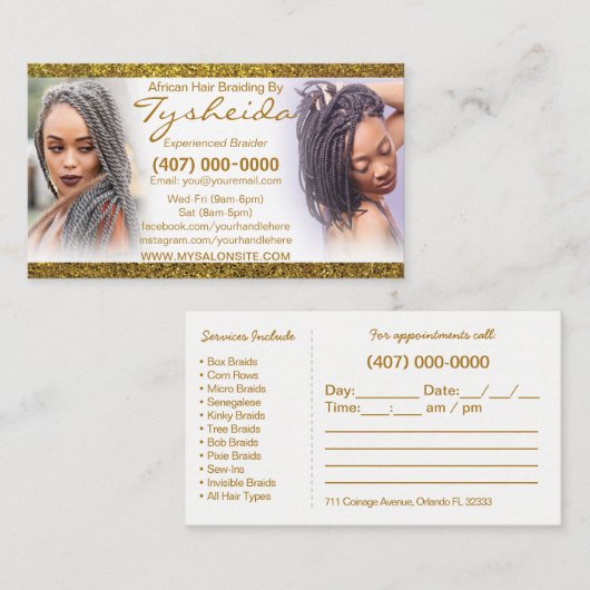 Sjabloon voor visitekaartje voor Hair Braiding Loc Afsprakenkaartje (Voorkant / Achterkant)