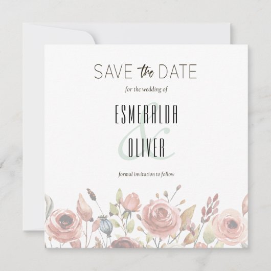 Sjabloon voor waterverf bloemen save the date (Voorkant)