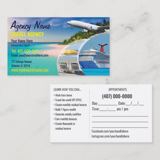 Sjabloon voor zakelijke reisagent visitekaartje (Voorkant / Achterkant)