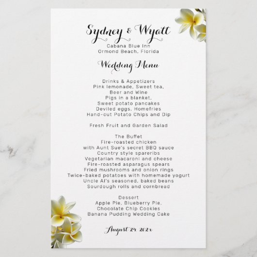 Sjabloon Yellow Plumeria Flowers Wedding Menu (Voorkant)