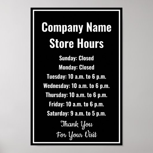Sjabloon Zakelijke Openingstijden Zwart Wit Poster (Voorkant)