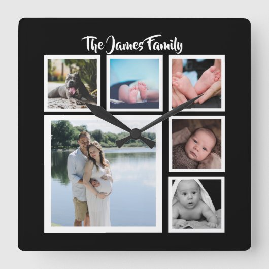 Sjabloon Zes fotocollage Vierkante Klok (Voorkant)