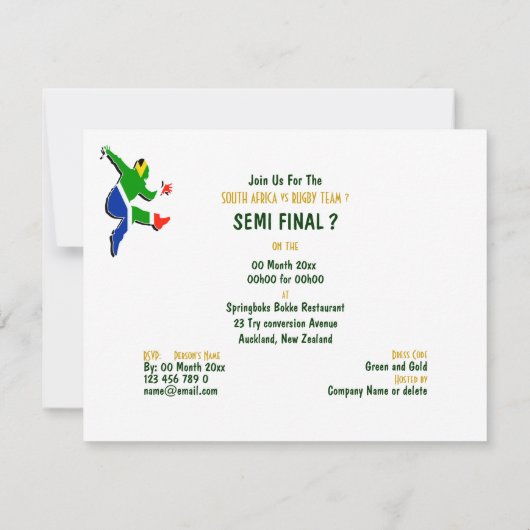 Sjabloon Zuid-Afrikaanse rugbyuitnodigingen Kaart (Achterkant)