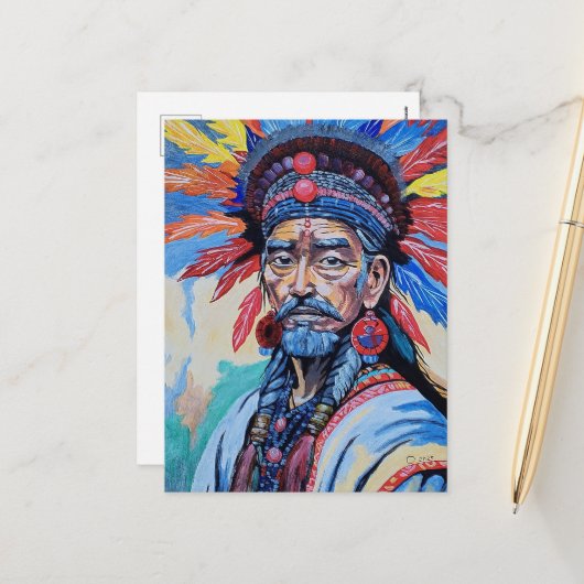 Sjamaan, tovenaar, beschermer, amulet, grootvader feestdagenkaart (Voorkant / Achterkant in situ)