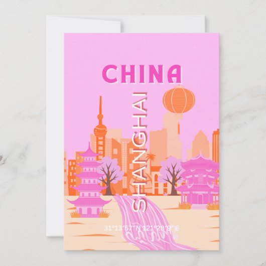 Sjanghai China Roze Reizen Kunst Kaart (Voorkant)