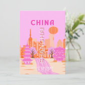 Sjanghai China Roze Reizen Kunst Kaart (Staand voorkant)