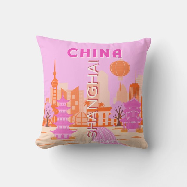 Sjanghai China Roze Reizen Kunst Kussen (Voorkant)